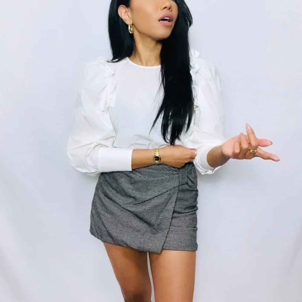 Club Monaco | Black and White Houndstooth Faux Wrap High Waist Mini Skirt 0